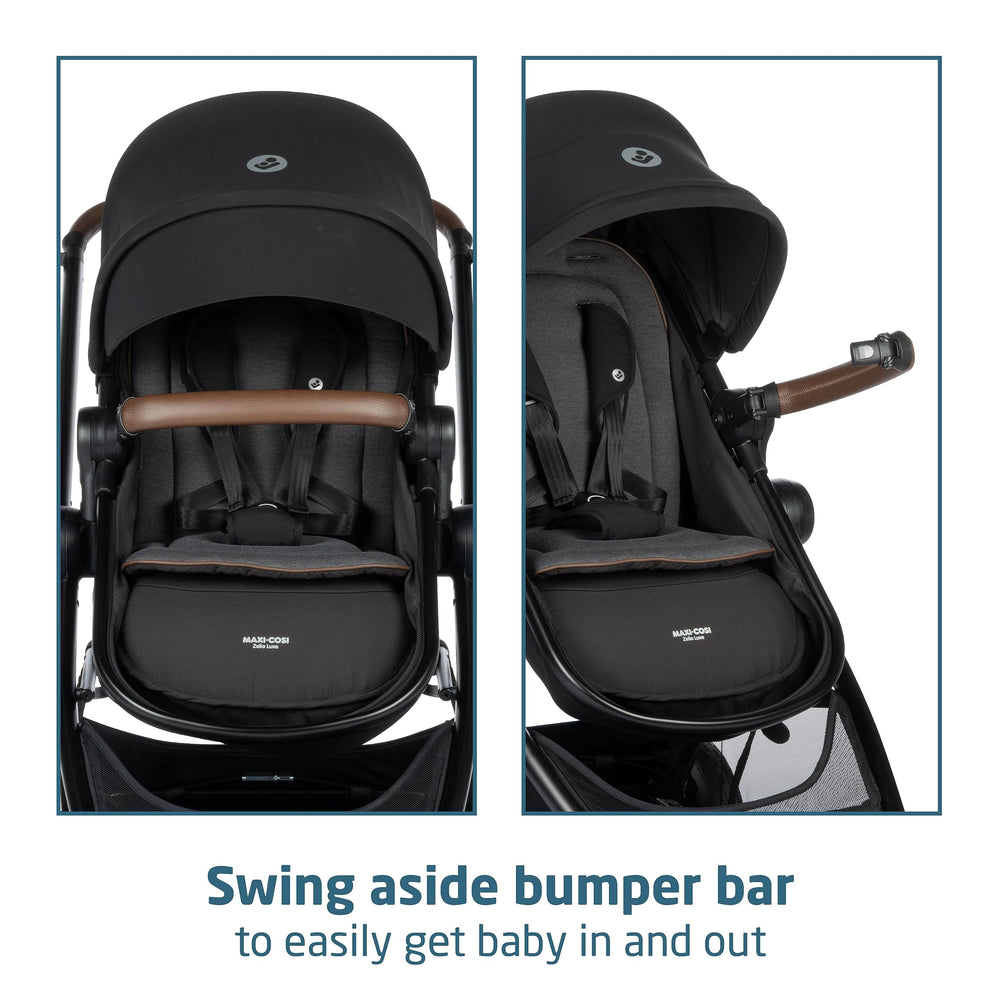 Maxi-Cosi Zelia Luxe compact fold self-standing for easy storage.