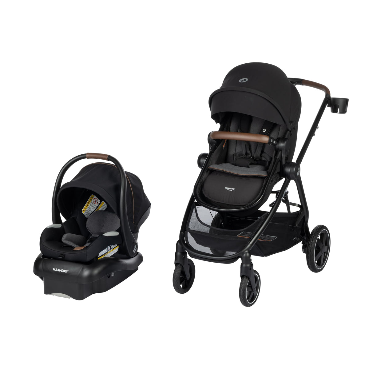Maxi-Cosi Zelia Luxe New Hope Black stroller folded for travel storage.