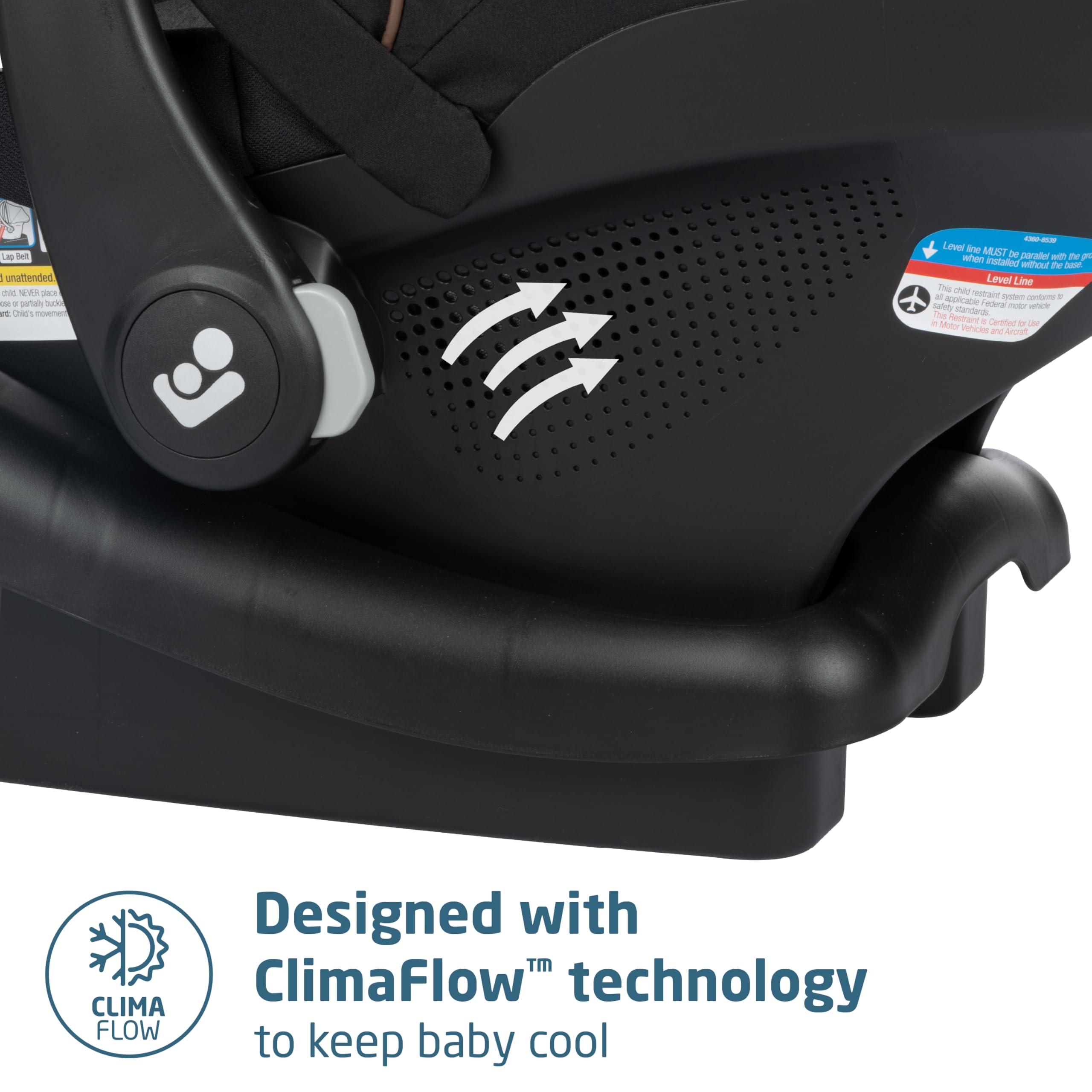 Maxi-Cosi Zelia Luxe swing-aside bumper bar feature in use.