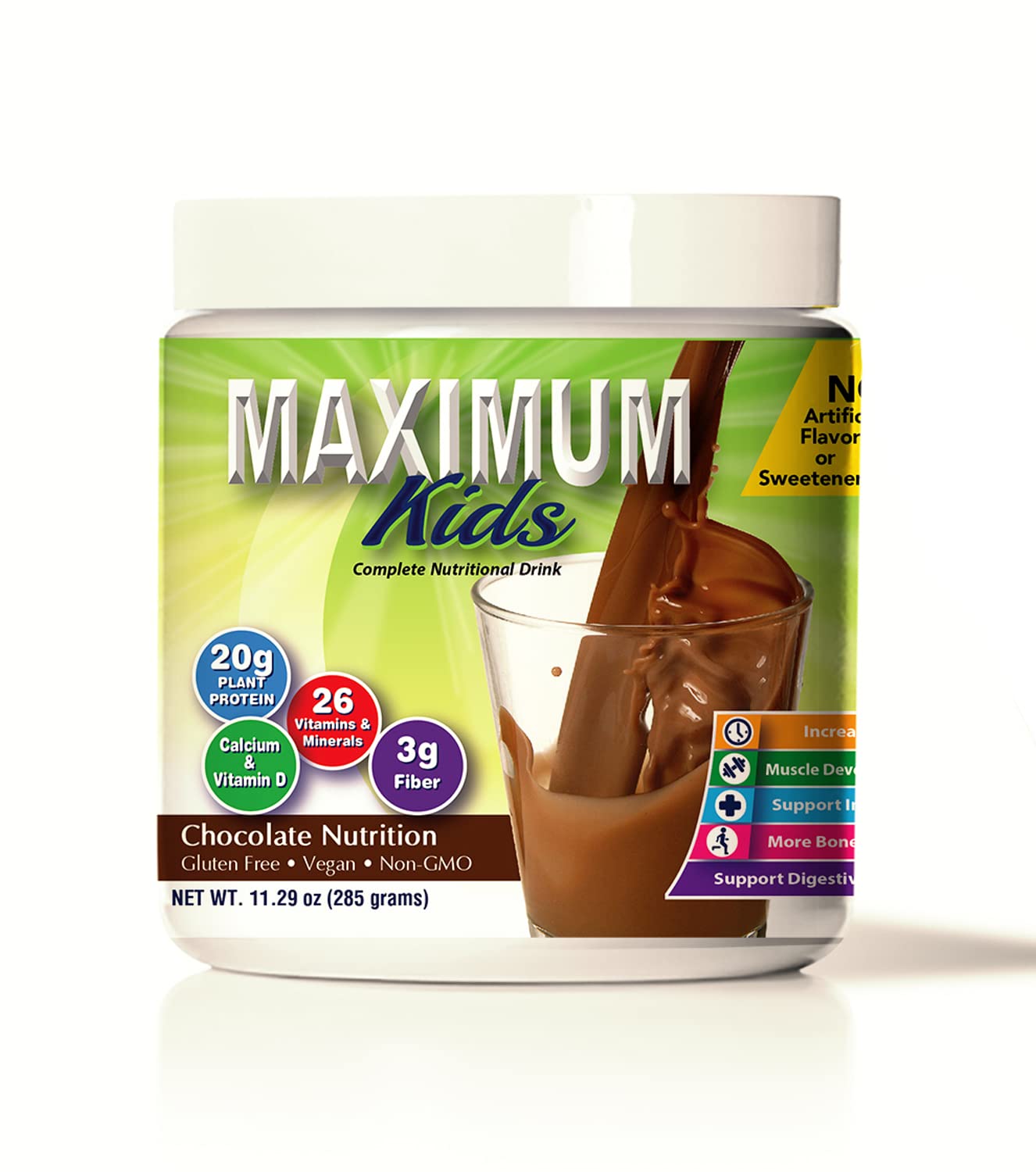 Maximum Kids powder mix bottle being poured into glass for quick, kid-friendly nutrition.