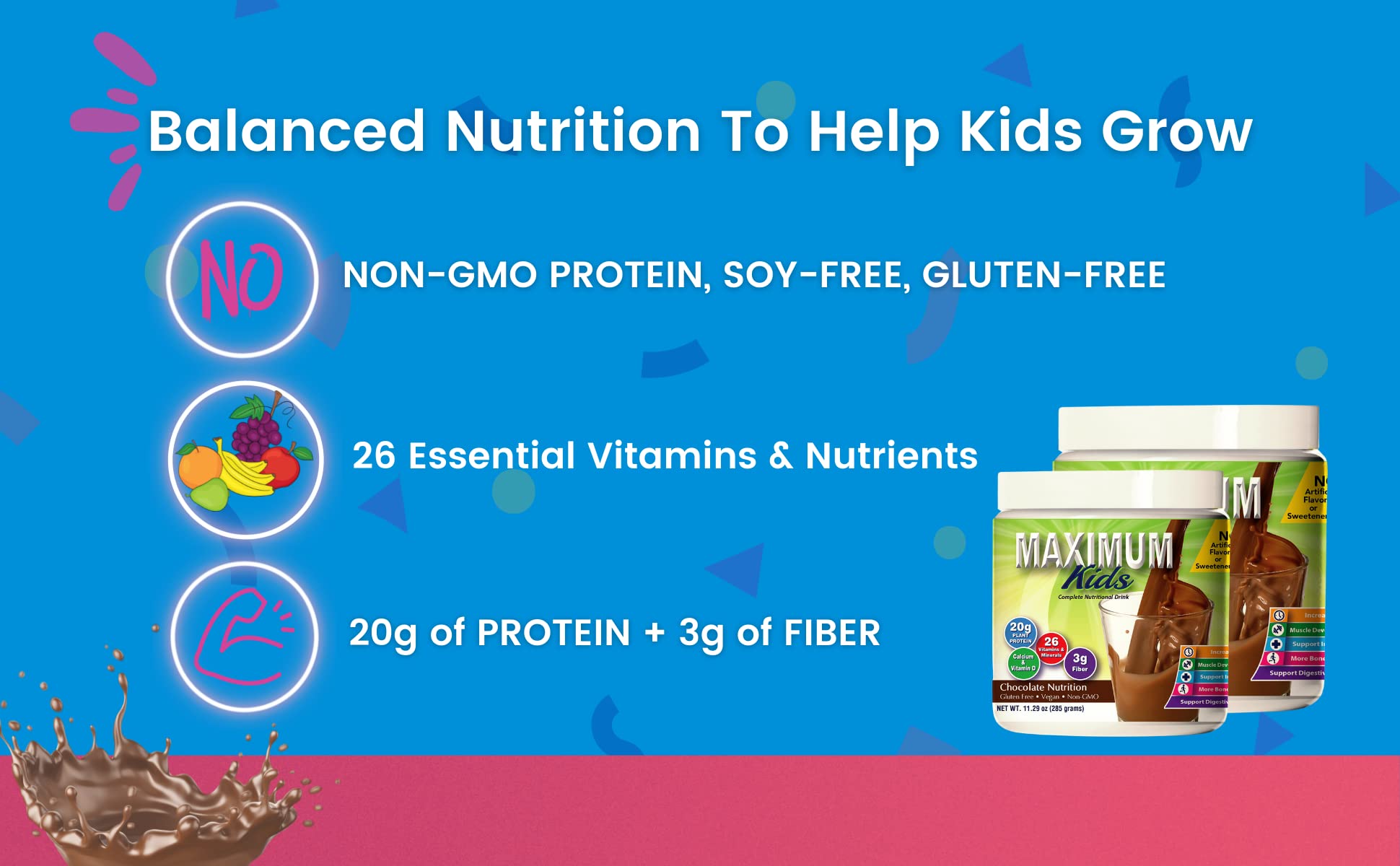 Maximum Kids packaging image foregrounds clean label and allergen-free ingredients.