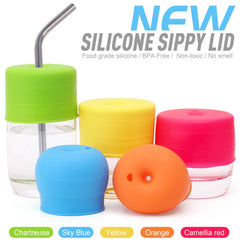 Maxin silicone sippy lids in bright colors attract toddlers and protect cups from splashes