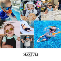 MAXJULI baby sunglasses UV protection close-up demonstrates 100% UVA/UVB filtering.