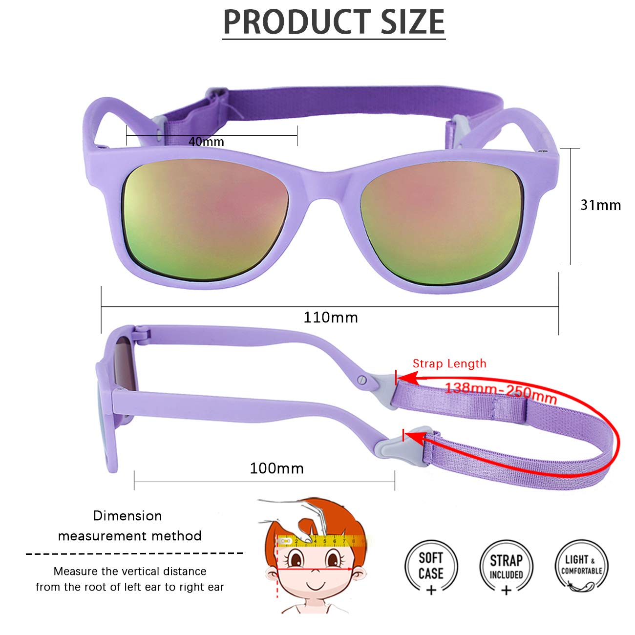 MAXJULI baby sunglasses worn on baby head illustrates secure wear during playtime.