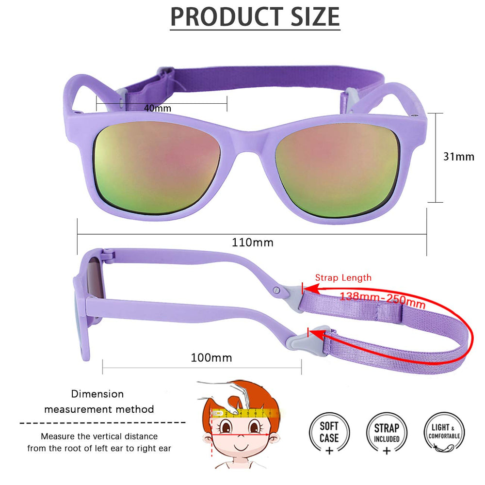 MAXJULI baby sunglasses worn on baby head illustrates secure wear during playtime.