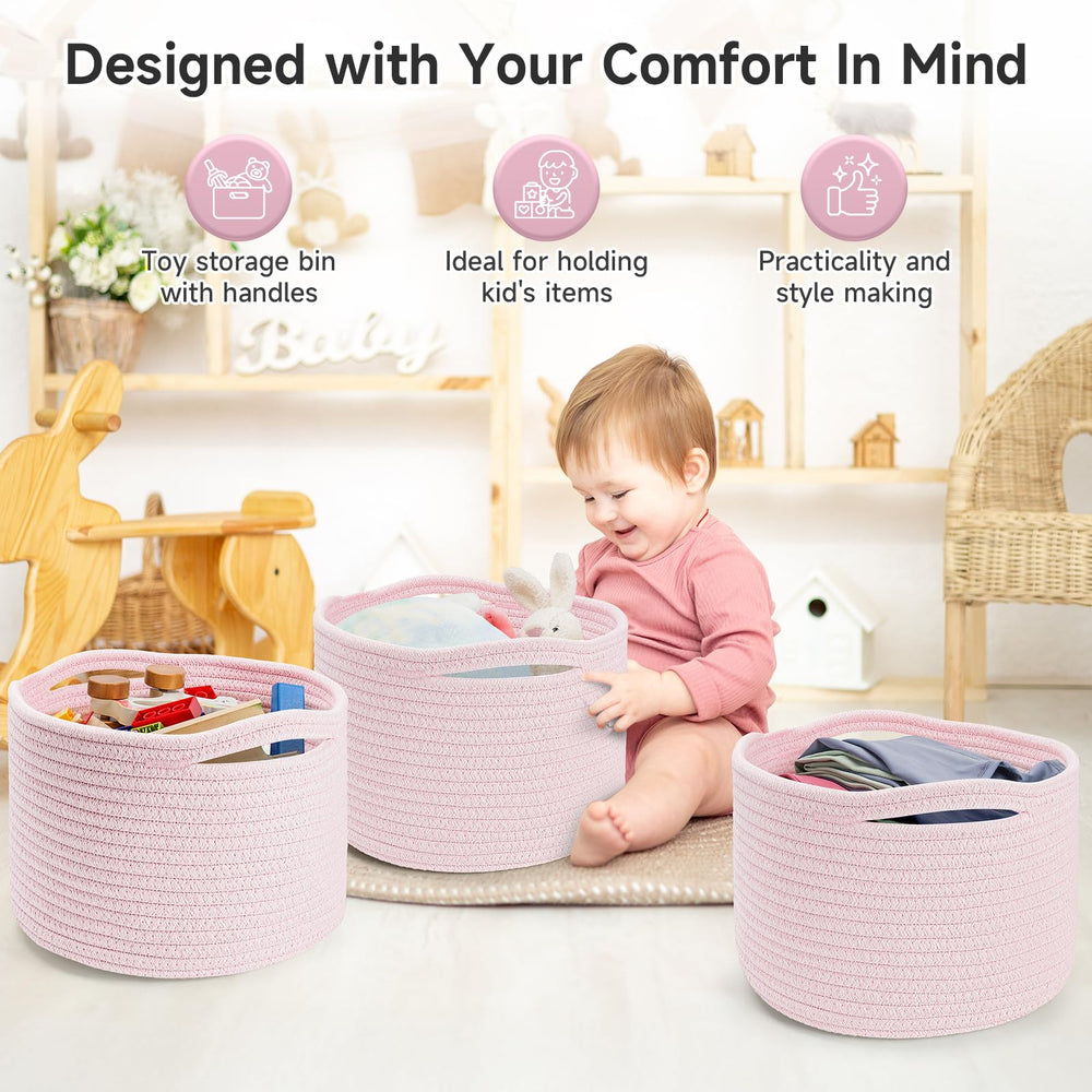 Maxuni 3-pack pink baskets arranged as versatile home organizers for keys and toys.