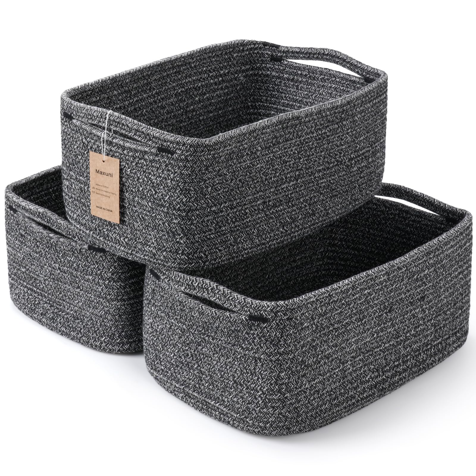 Maxuni 3-pack shelf baskets on shelves organize books and toys.