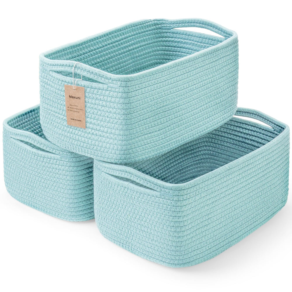 Maxuni storage baskets front view in light blue, compact for nursery organization.