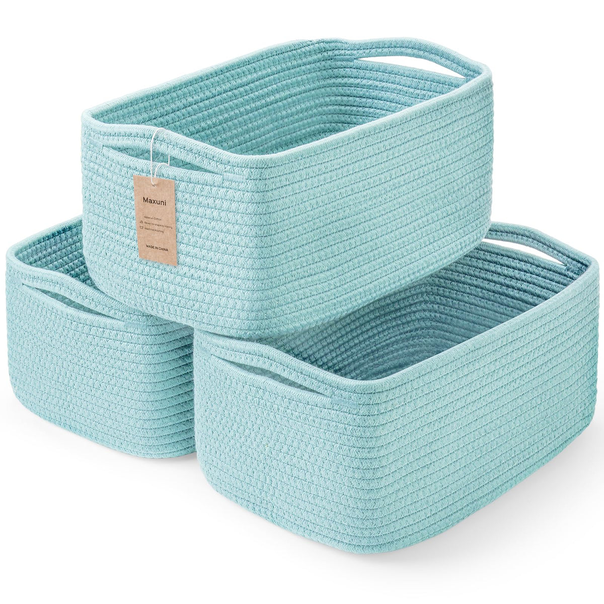 Maxuni storage baskets front view in light blue, compact for nursery organization.