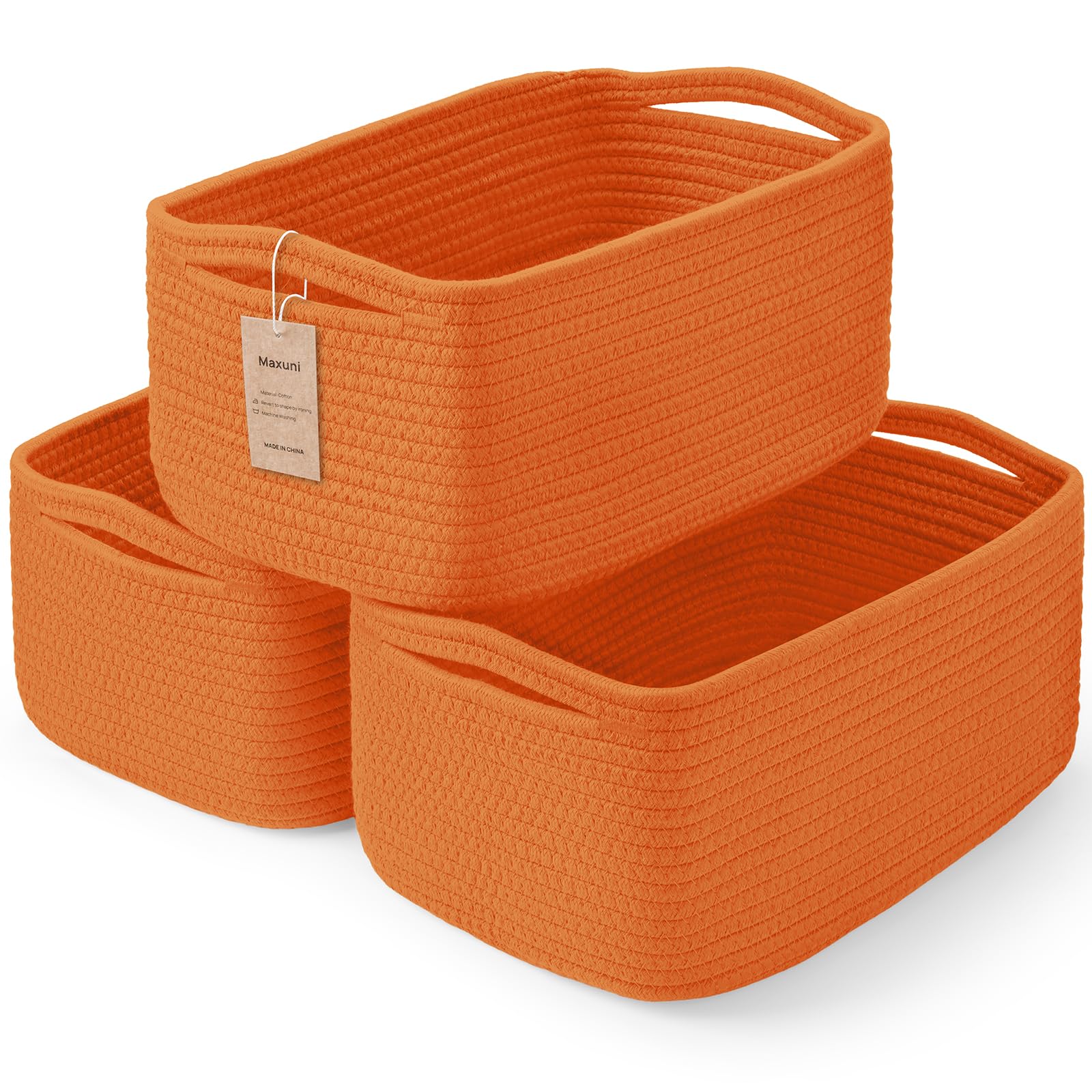 Maxuni 3-Pack storage baskets orange, stacked for toy and essentials organization.