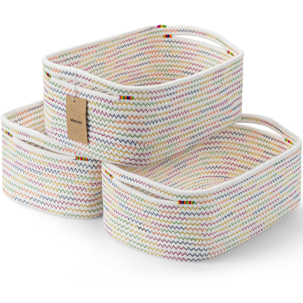 Maxuni 3-pcs rainbow shelf baskets on a shelf for organized storage