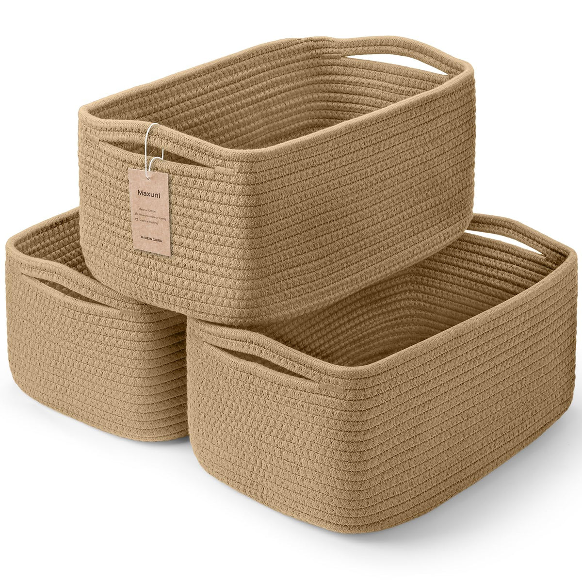 Maxuni 3-pack storage baskets organize living space with sturdy handles.