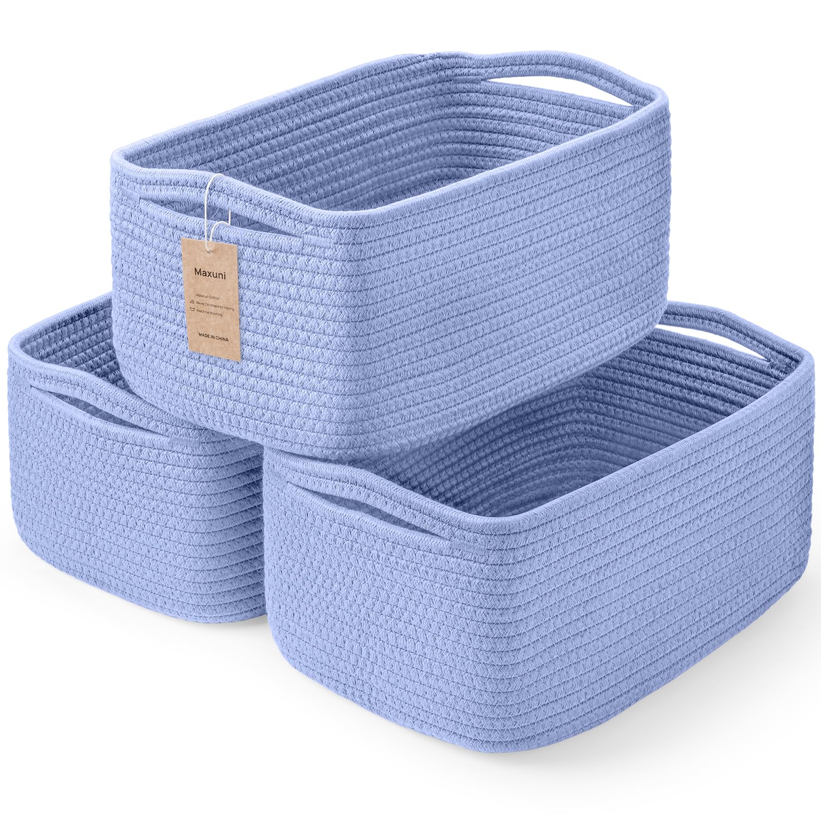 Maxuni 3-pack sky blue baskets side view for home organization
