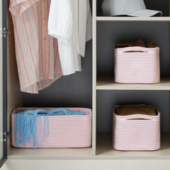 Maxuni storage baskets with reinforced handles for easy slide-and-store on shelves for everyday use.