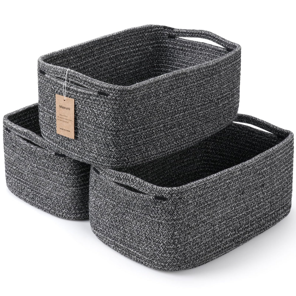 Maxuni 3-pack woven storage baskets neatly organized on a shelf for easy access.