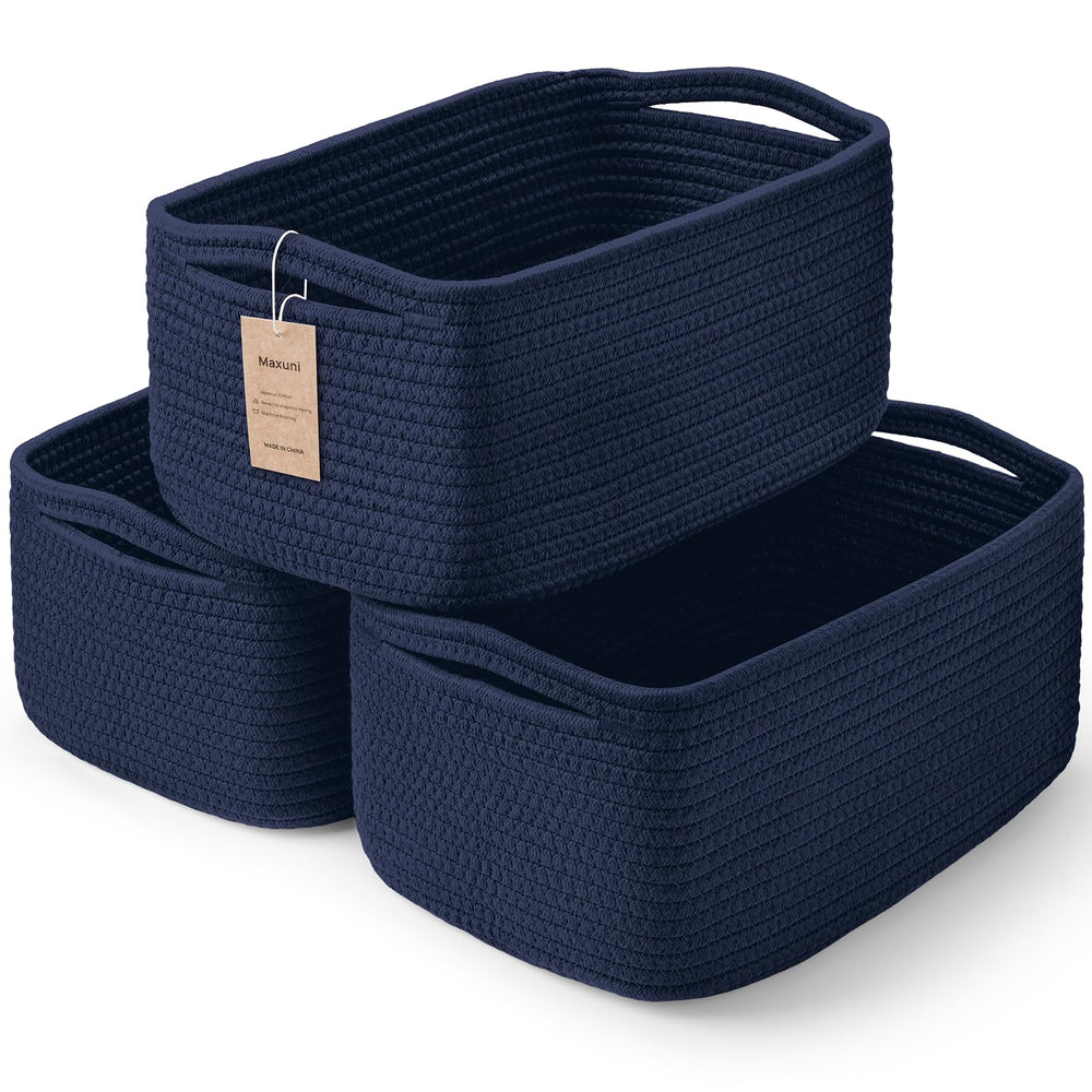 Maxuni navy 3-Pcs shelf baskets neatly organize books on a shelf.