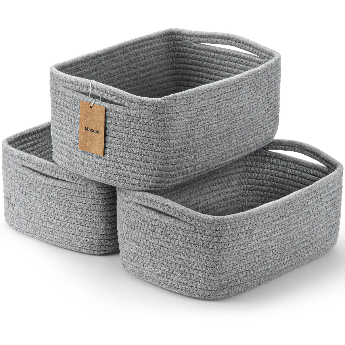 Maxuni 3pc shelf baskets on a shelf for clutter-free organization.