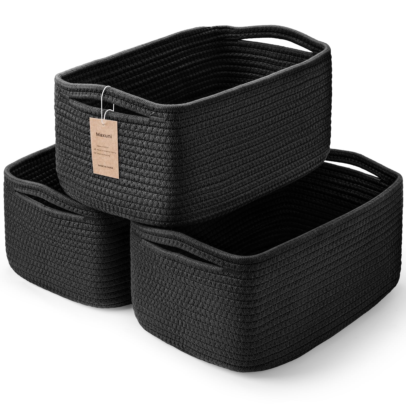 Maxuni 3-pack storage baskets on a shelf show organized toy and book storage.