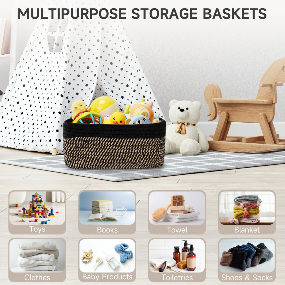Maxuni black brown rope basket adds warm contemporary style to rooms.