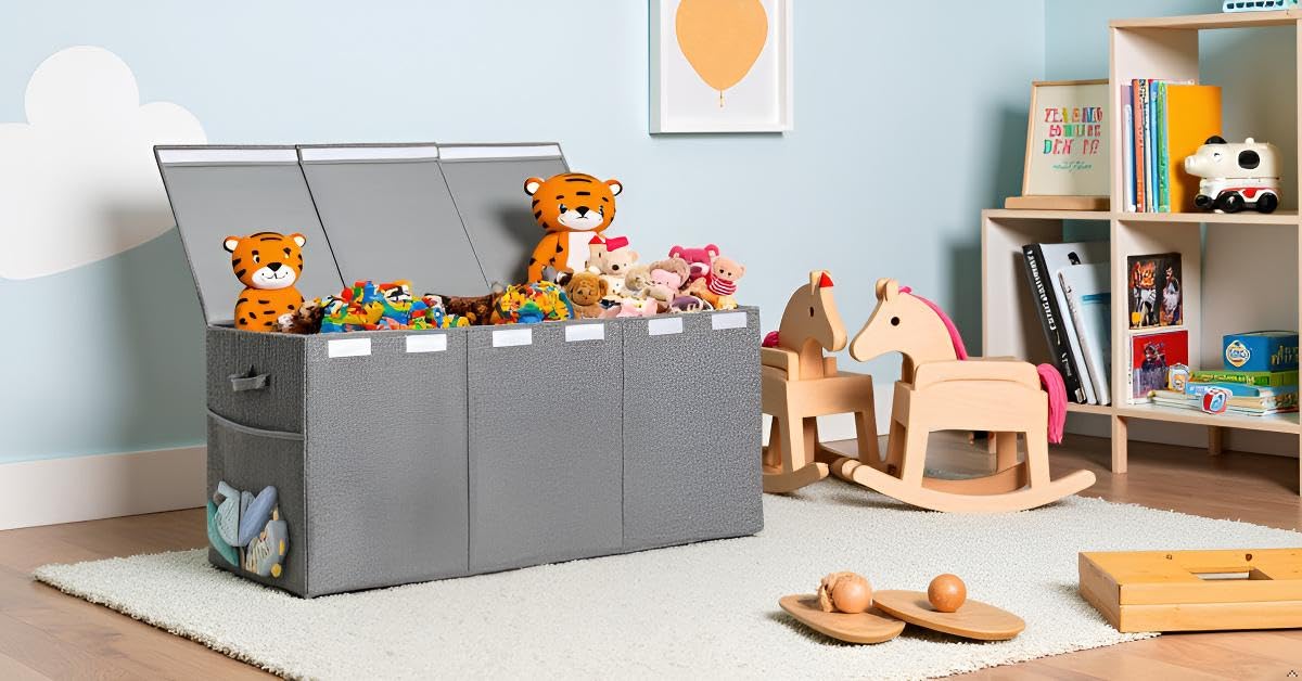 Maxuni collapsible toy chest storage provides space-saving organization when not in use.