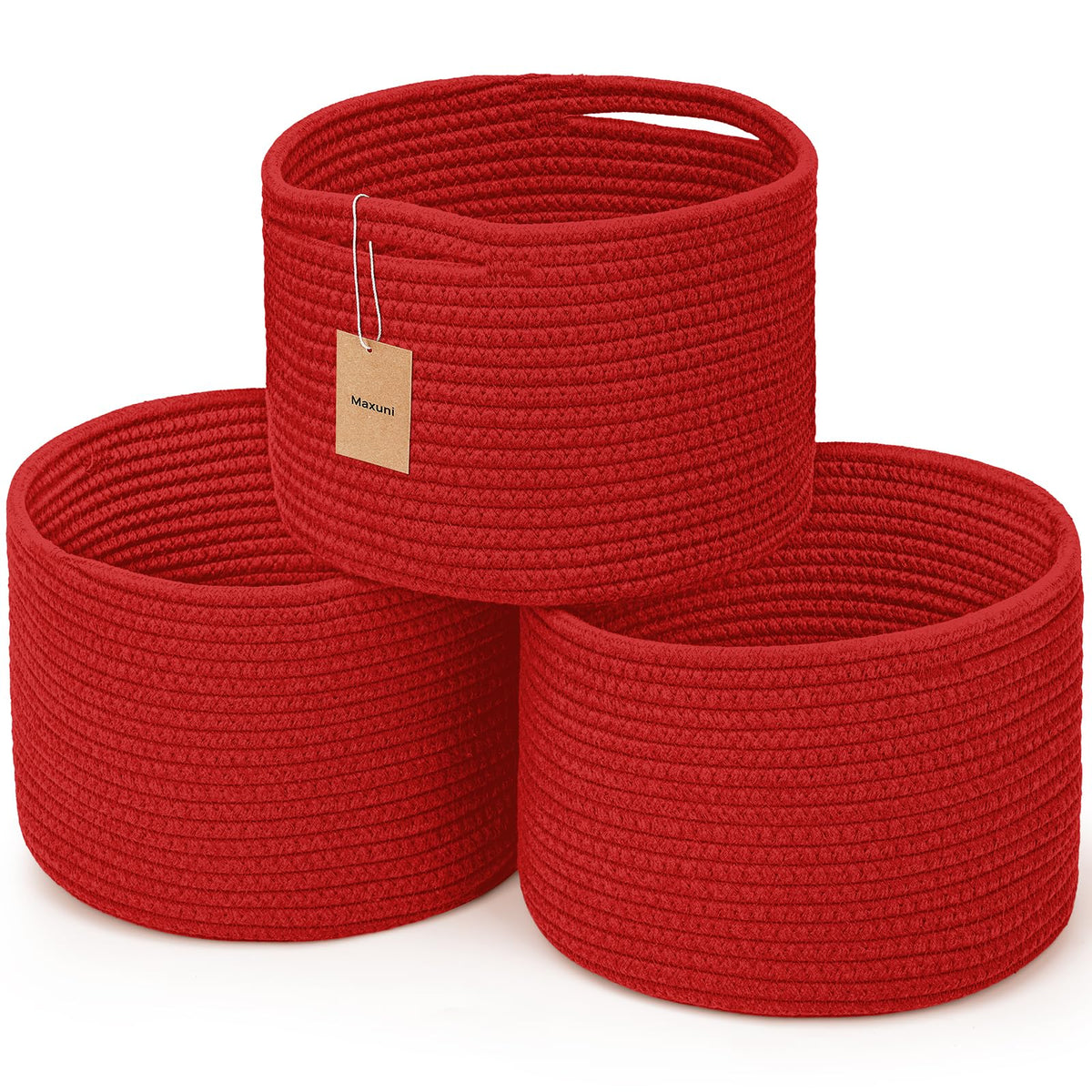 Maxuni cotton rope basket red three-pack demonstrates versatile home storage.