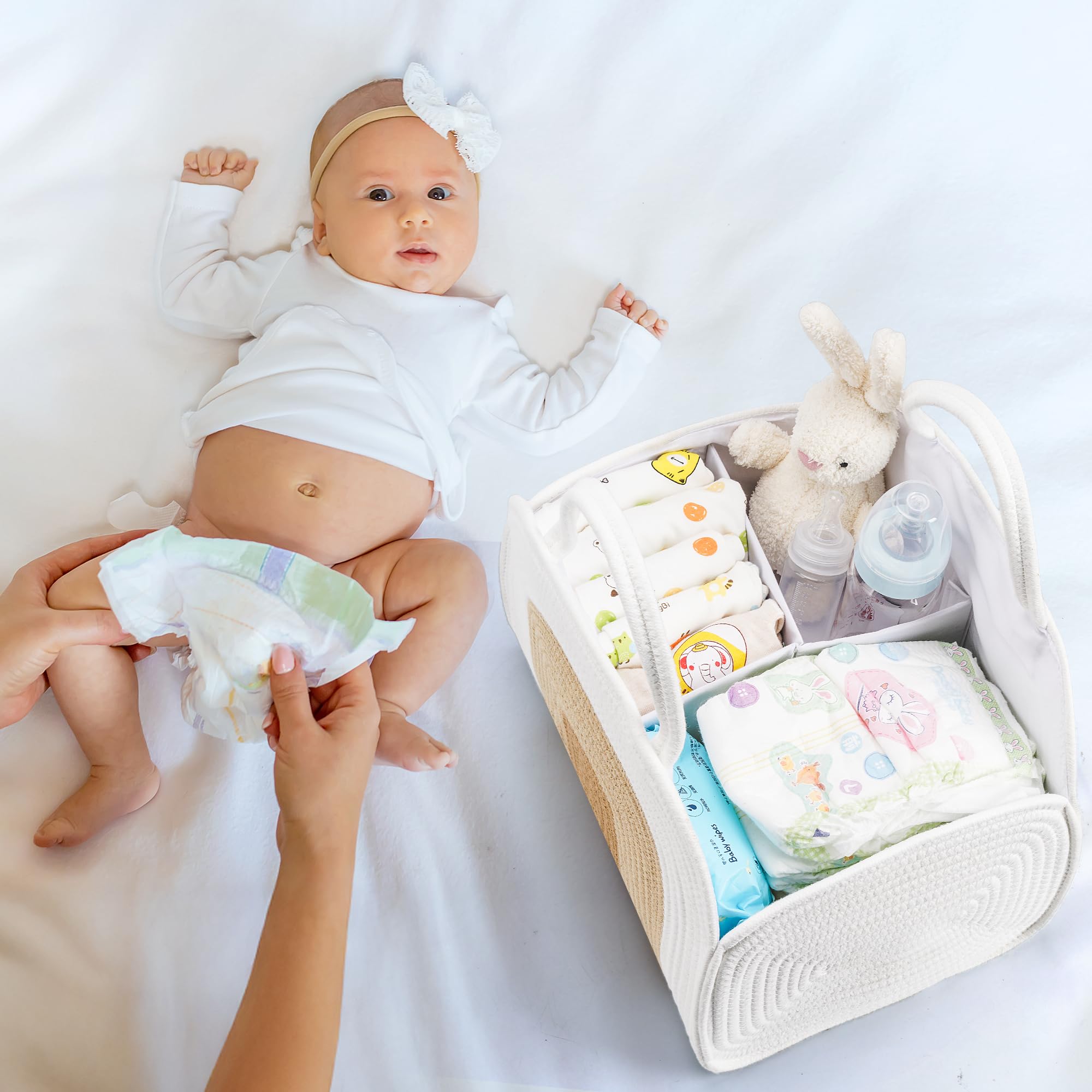 Maxuni cotton rope diaper caddy closeup highlights sturdy weave and handles.