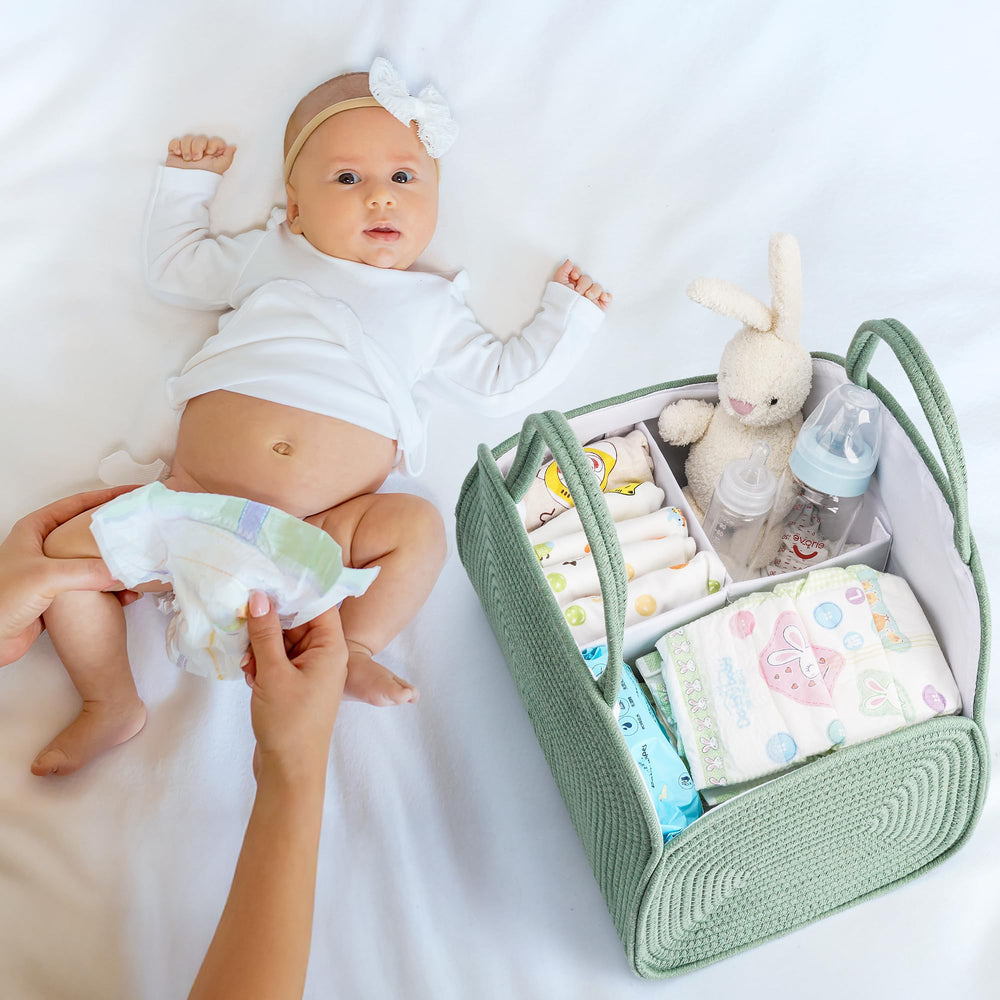 Maxuni cotton rope diaper caddy showcases earthy rainbow design for stylish nursery decor.