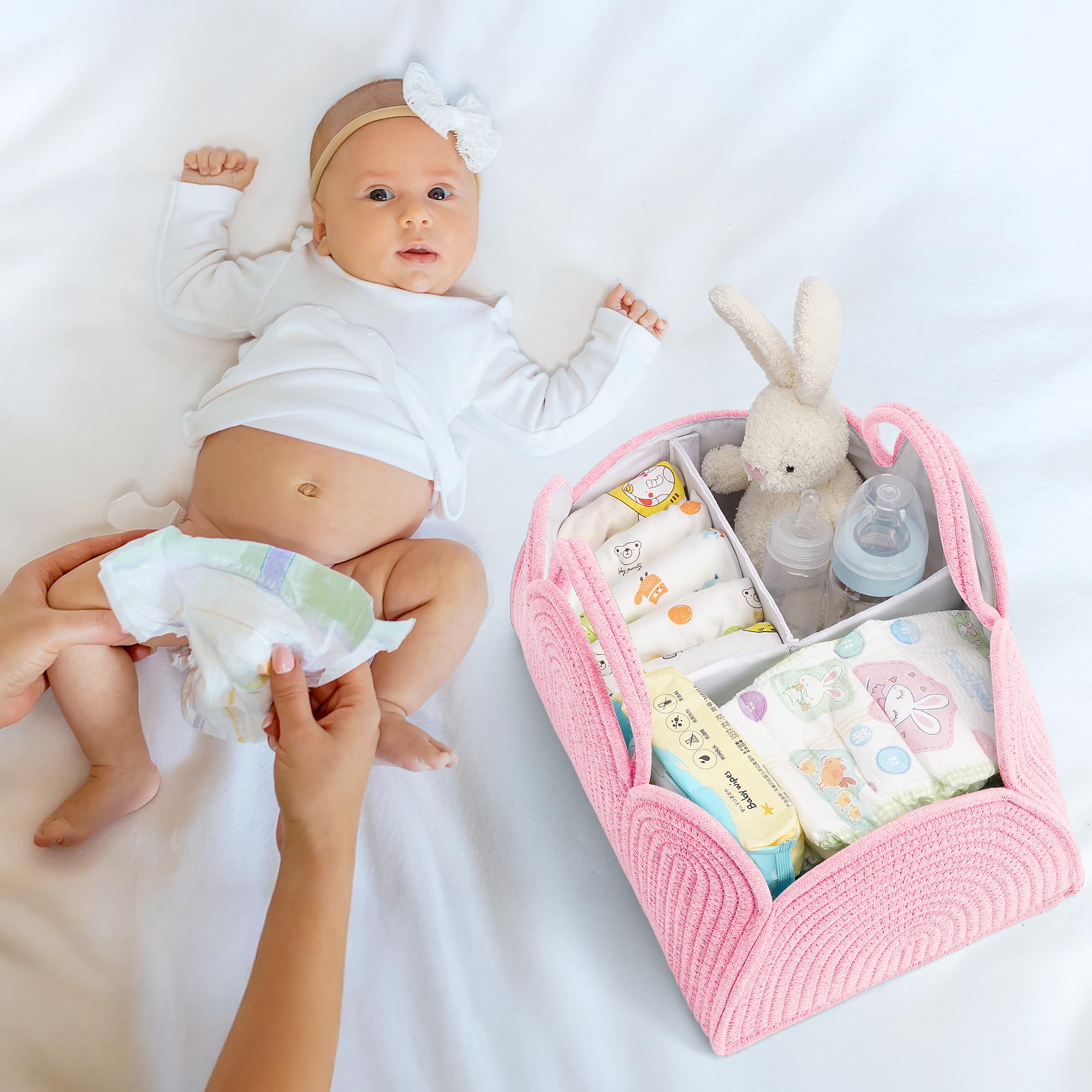 Maxuni diaper basket organizer pink side view with handles