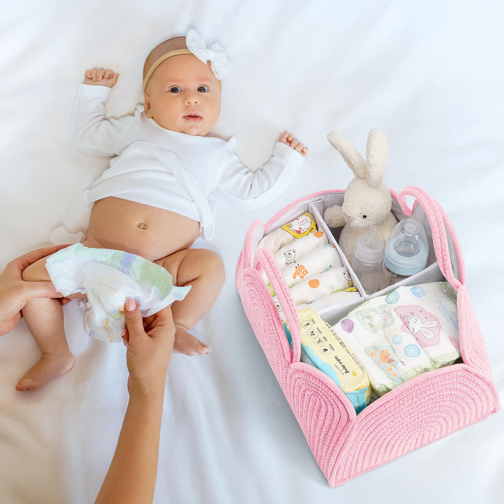 Maxuni diaper basket organizer pink side view with handles