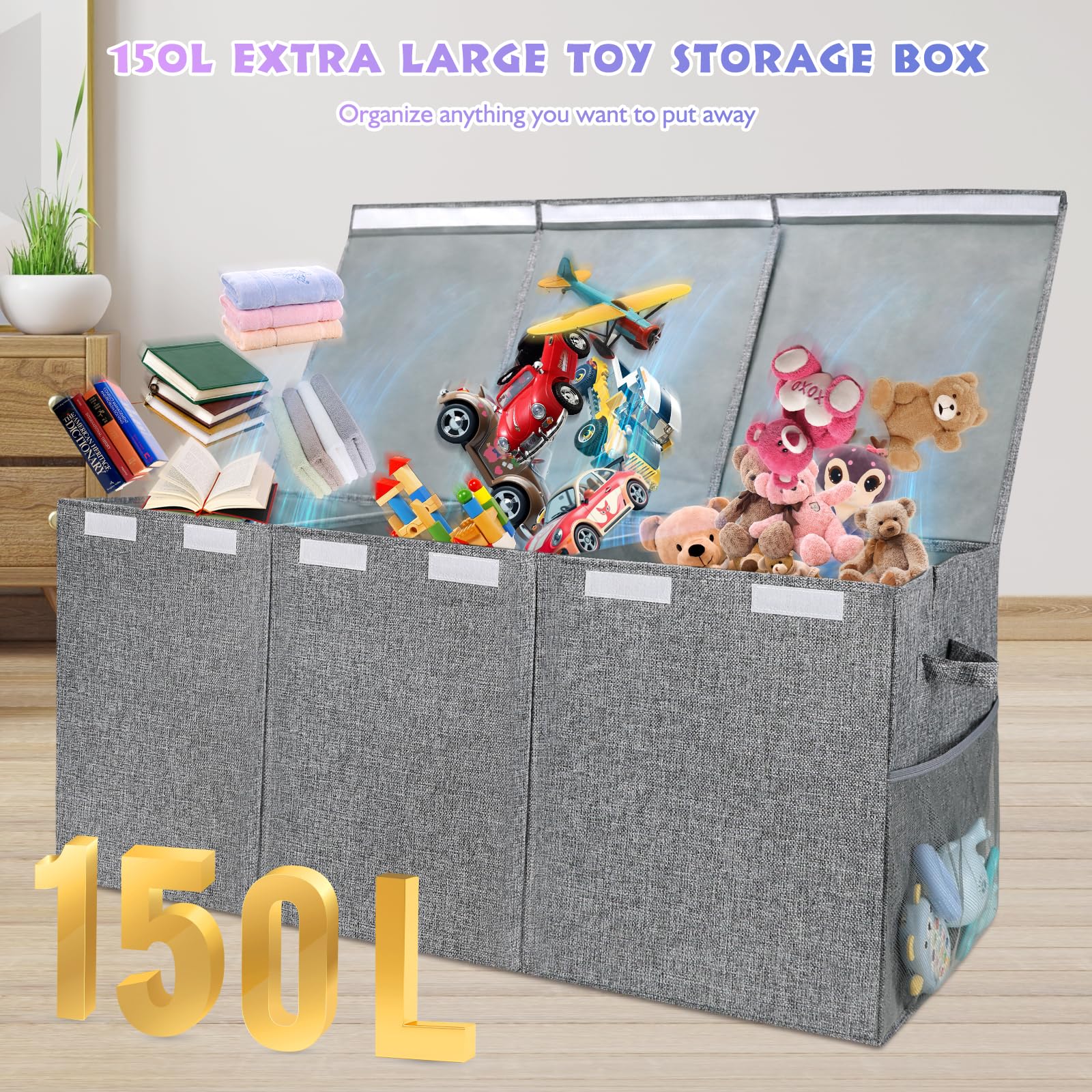 Maxuni extra-large toy bin with side mesh pockets for quick-access essentials.