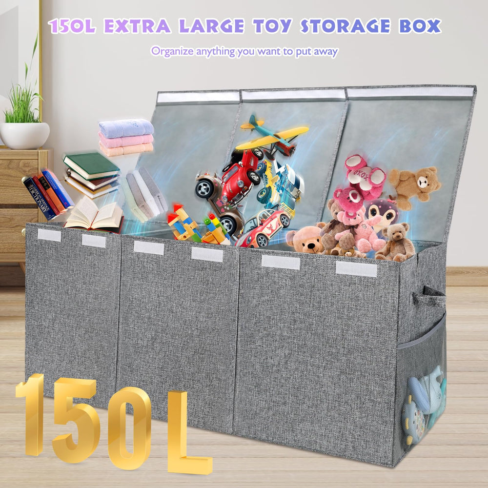 Maxuni extra-large toy bin with side mesh pockets for quick-access essentials.
