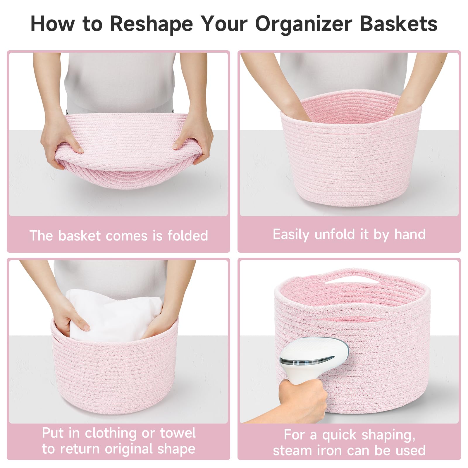 Maxuni hidden handles rope basket pink with reinforced handles for easy carrying.