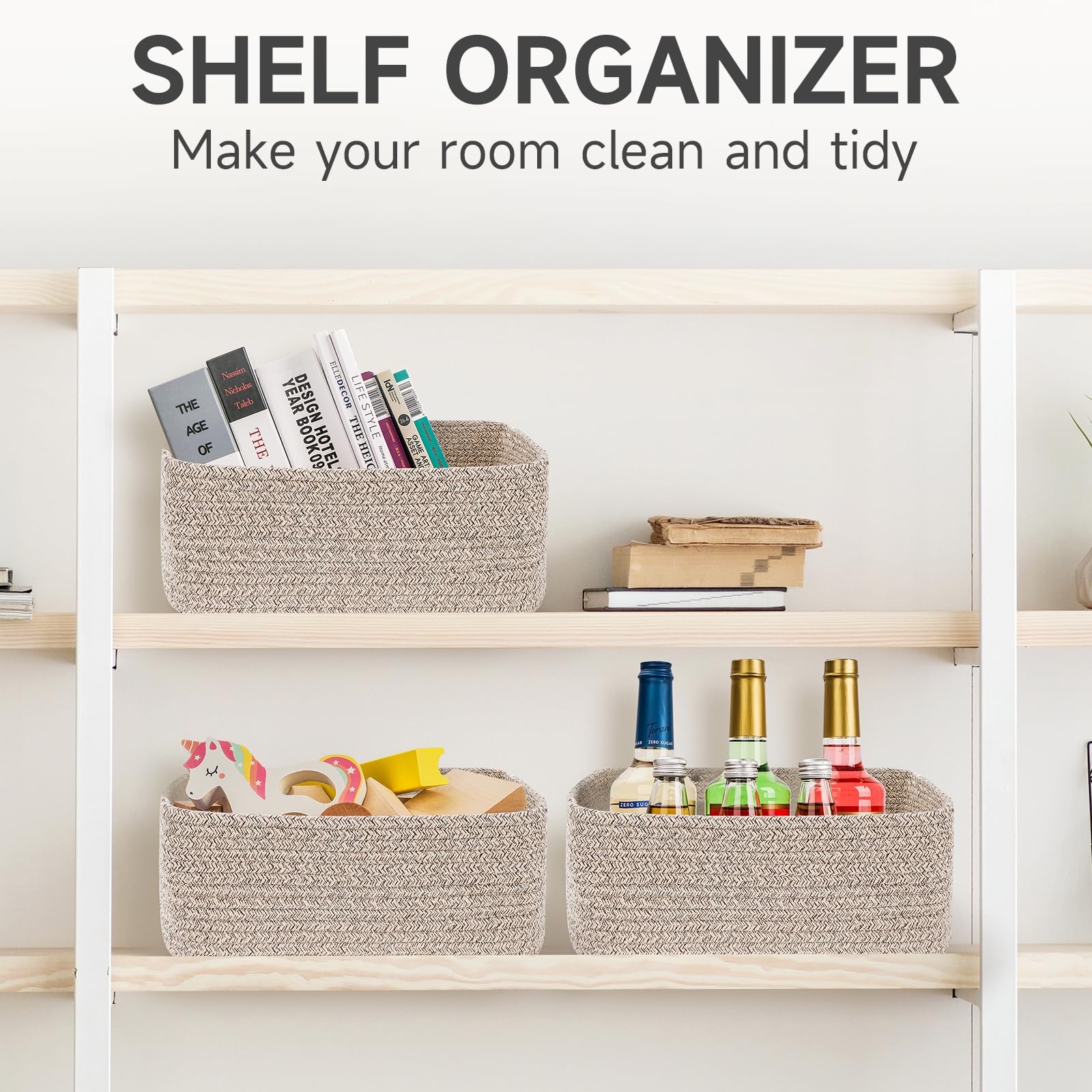 Maxuni mixed brown rope baskets complement decor while organizing essentials.