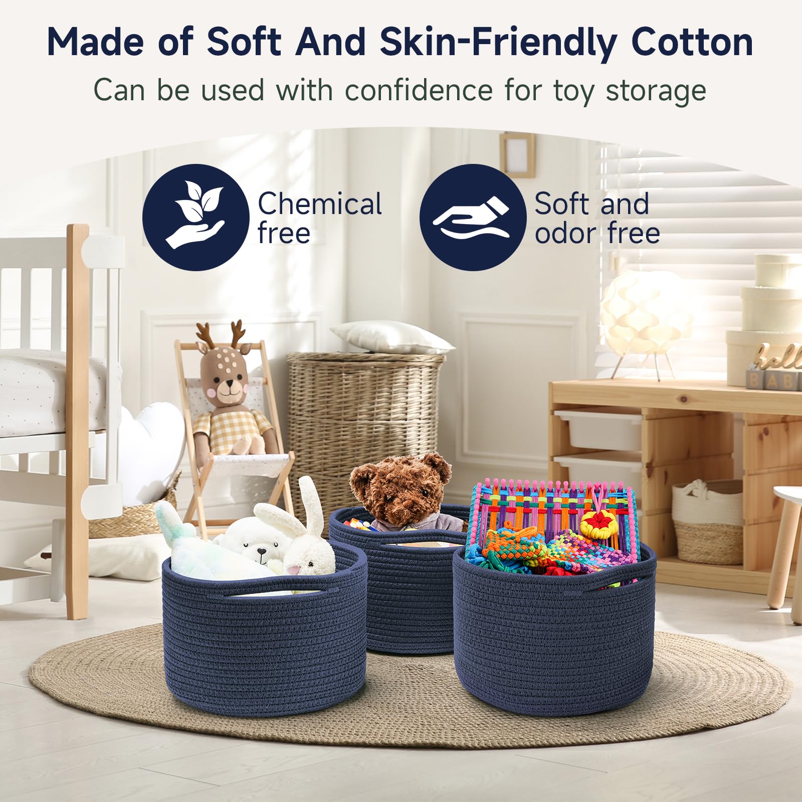 Maxuni playroom toy basket keeps kids' toys organized after playtime.