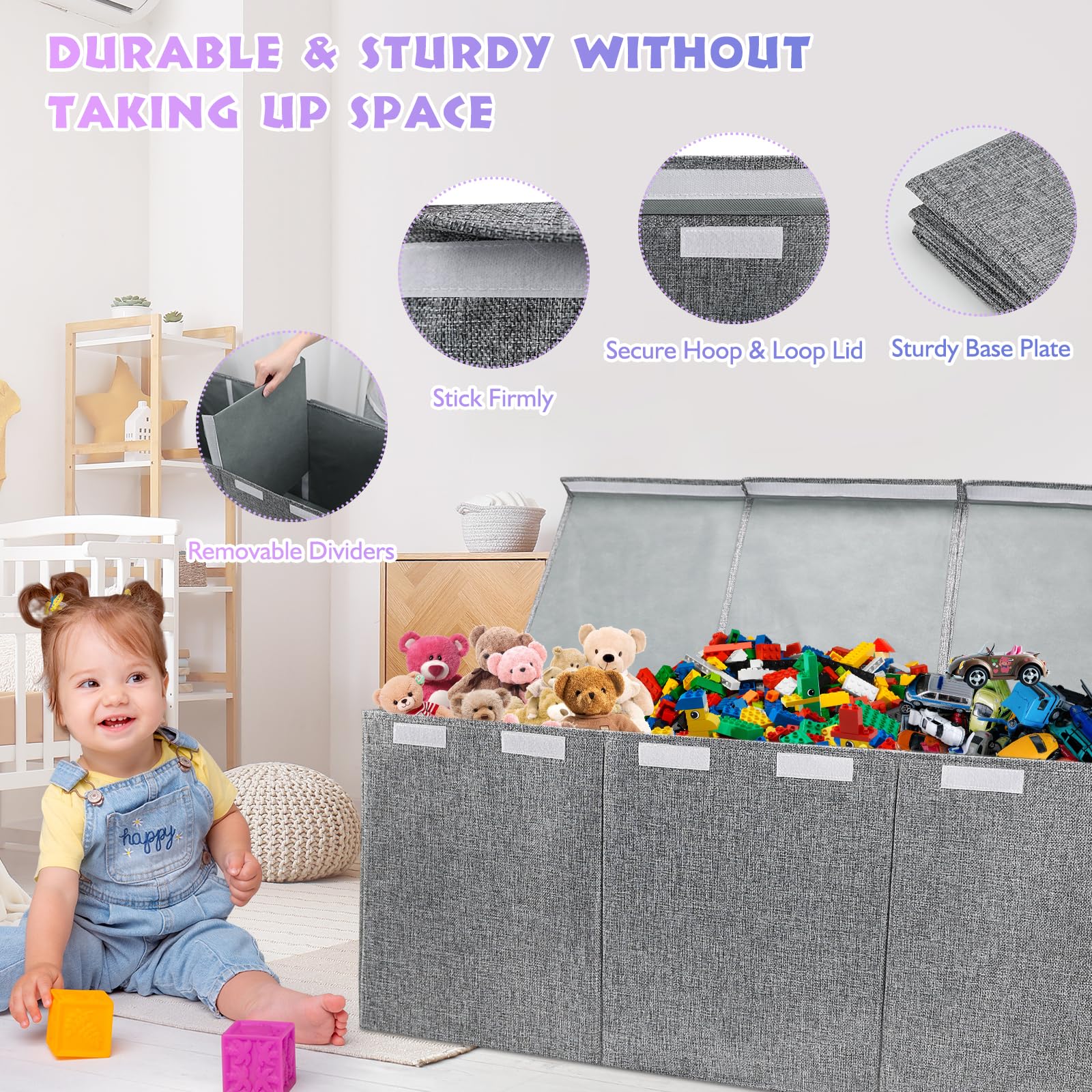 Maxuni premium linen fabric toy bin highlights durable construction for lasting organization.