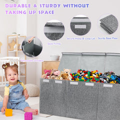 Maxuni premium linen fabric toy bin highlights durable construction for lasting organization.