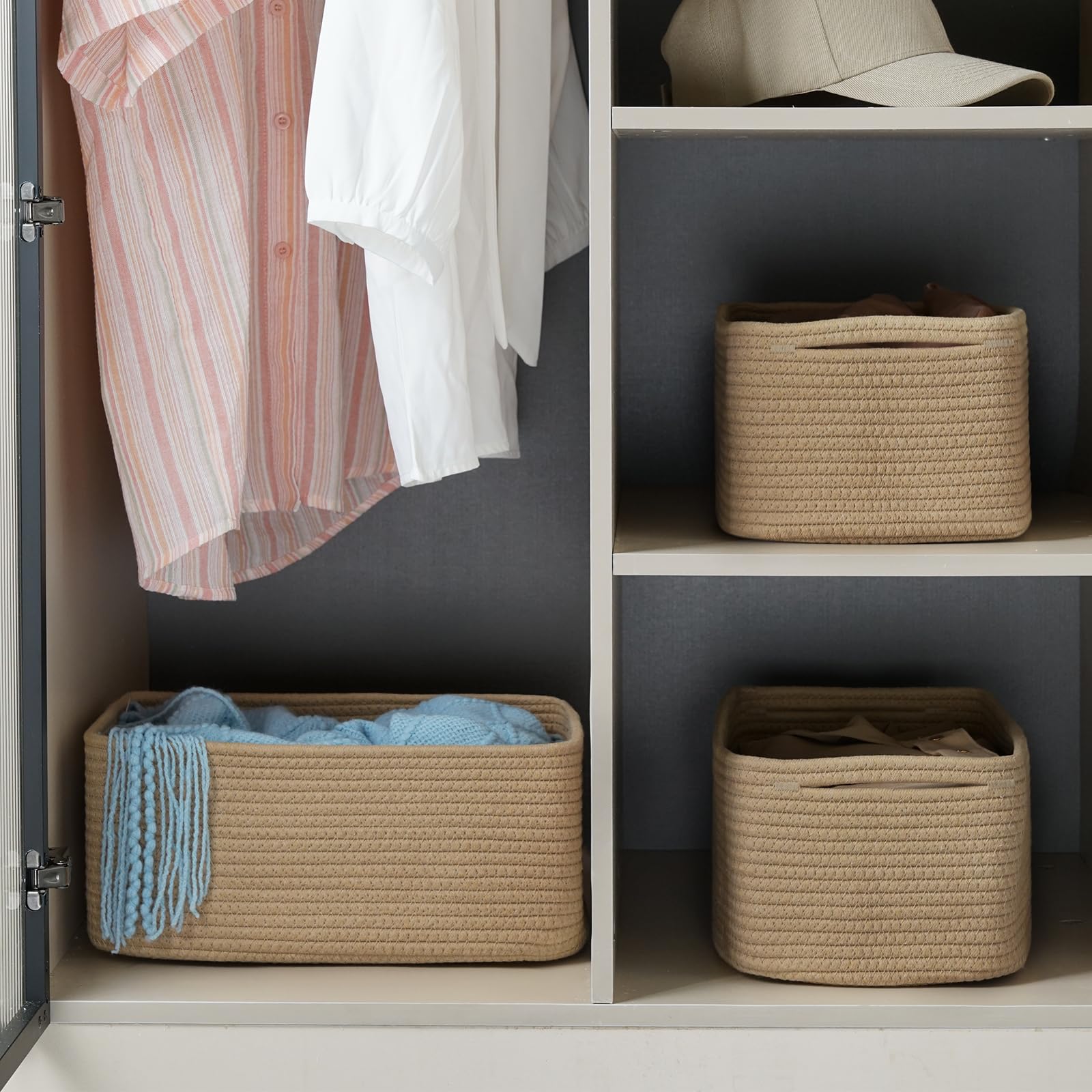Maxuni rope basket handle design enables easy carry for nursery and gift storage.