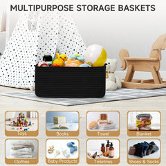Maxuni rope basket with hidden handles used as a closet organizer for easy transport.