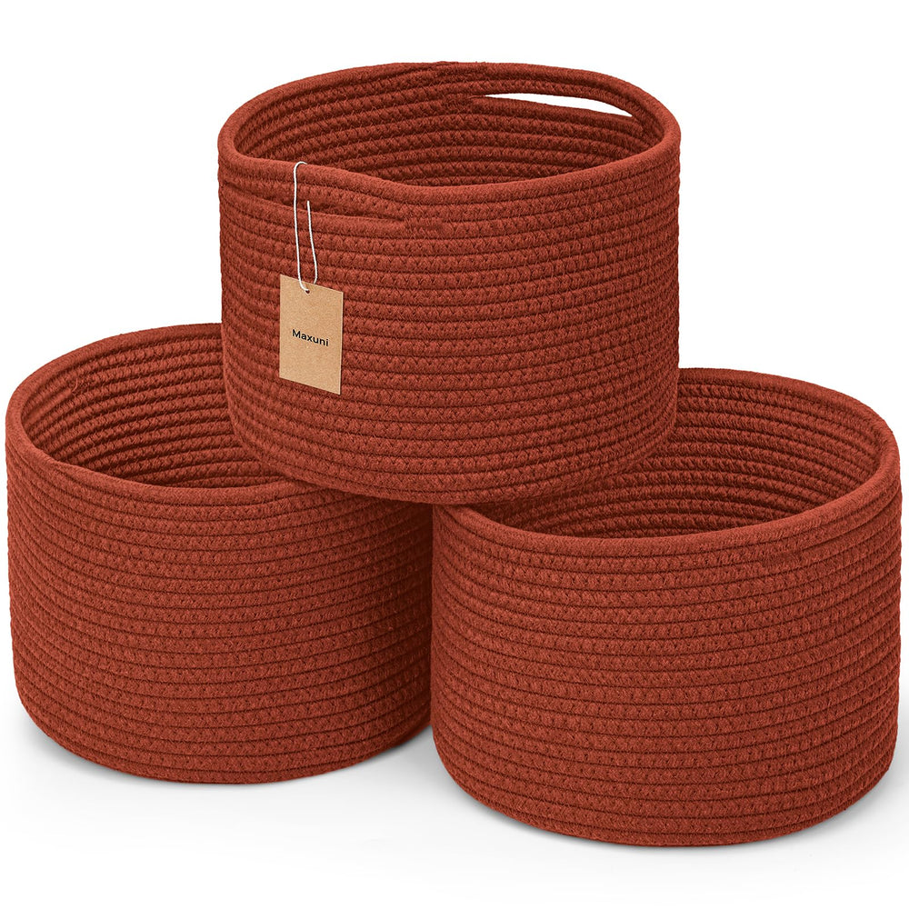 Maxuni rope basket storage in brick red offers sturdy organization on shelves.