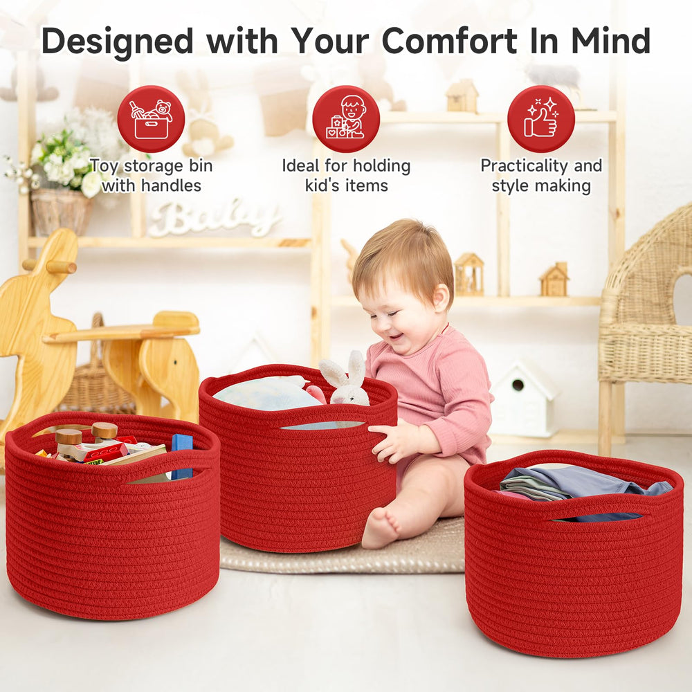 Maxuni round woven red basket highlights durable cotton rope for neat shelves.