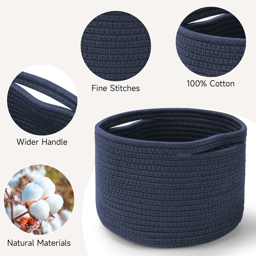 Maxuni round woven storage basket ideal for organization on a bookshelf.