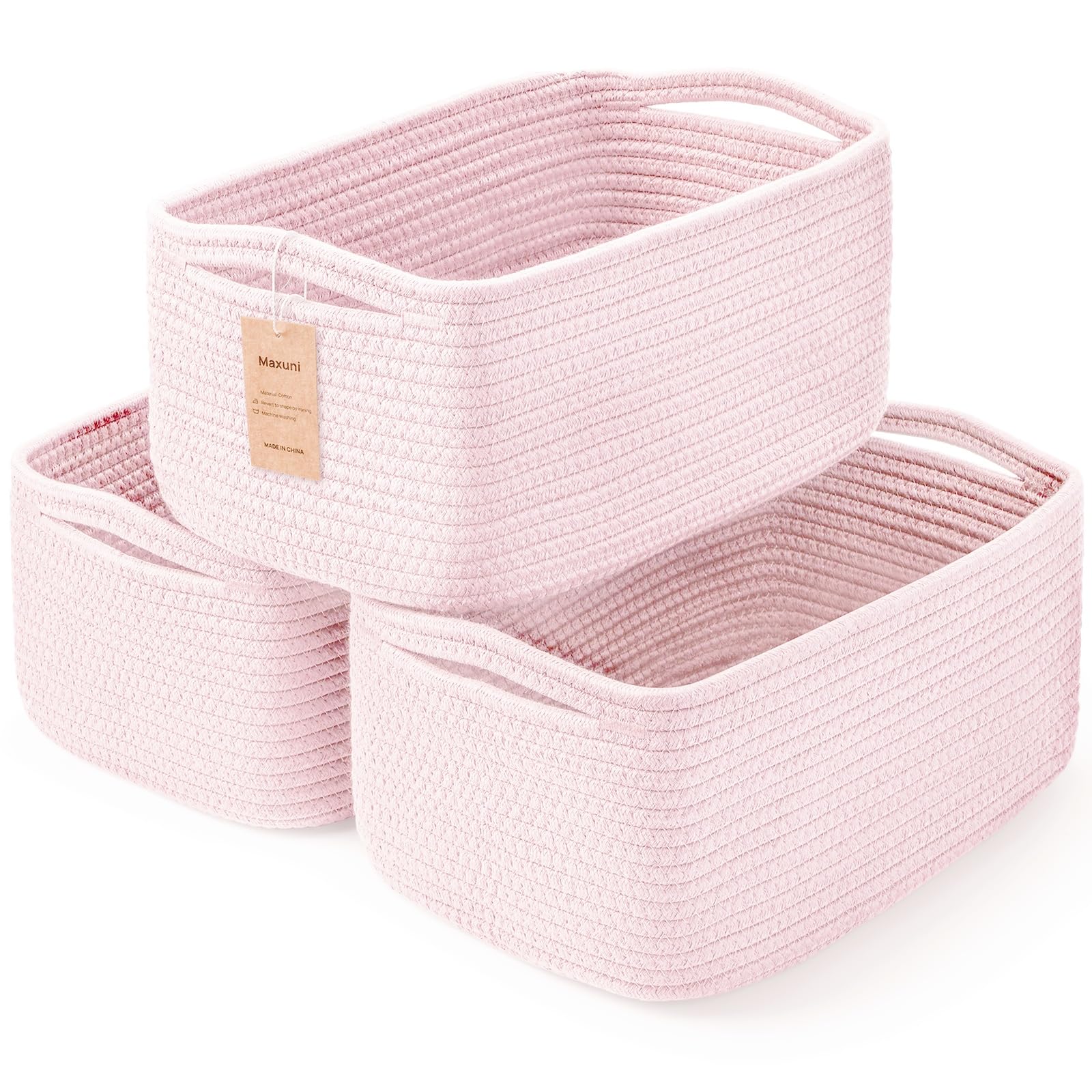 Maxuni shelf baskets on a shelf showing 3-pack organization for clutter-free storage