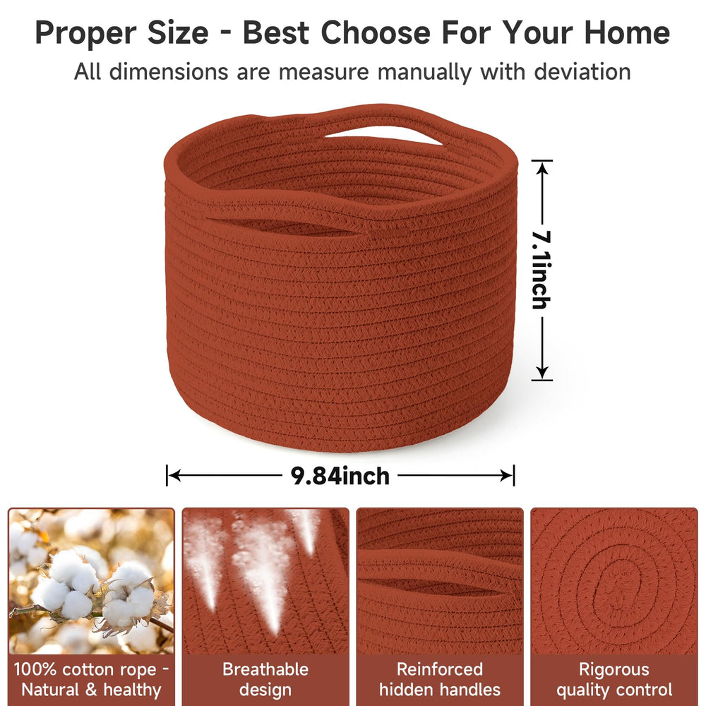 Maxuni small rope basket brick red close-up highlights soft cotton texture.