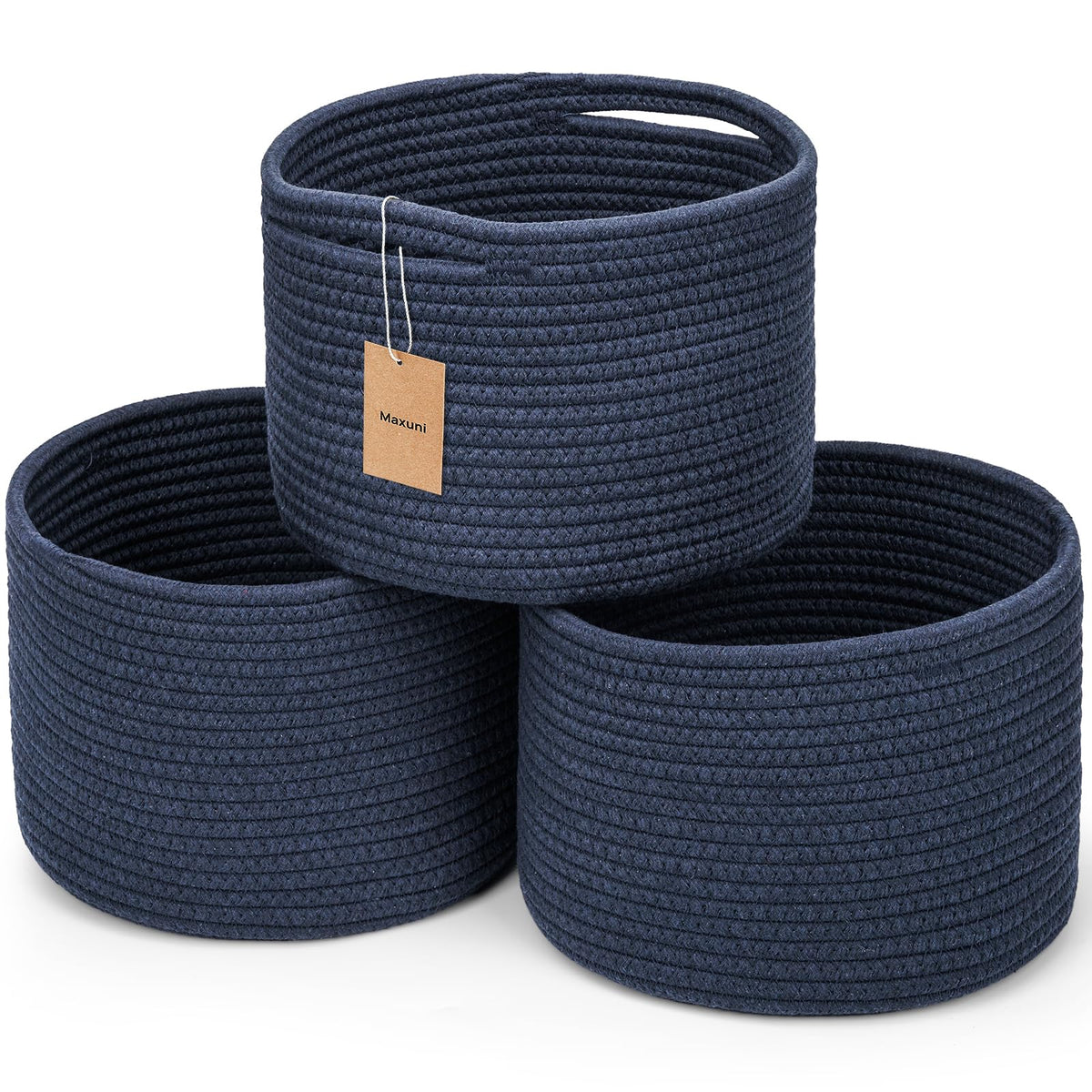 Maxuni small rope basket navy blue on shelf for tidy keys and wallets.