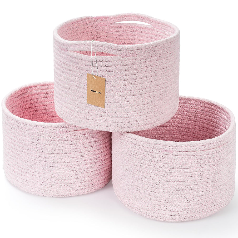 Maxuni small rope basket pink side view shows sturdy vertical storage on shelf.