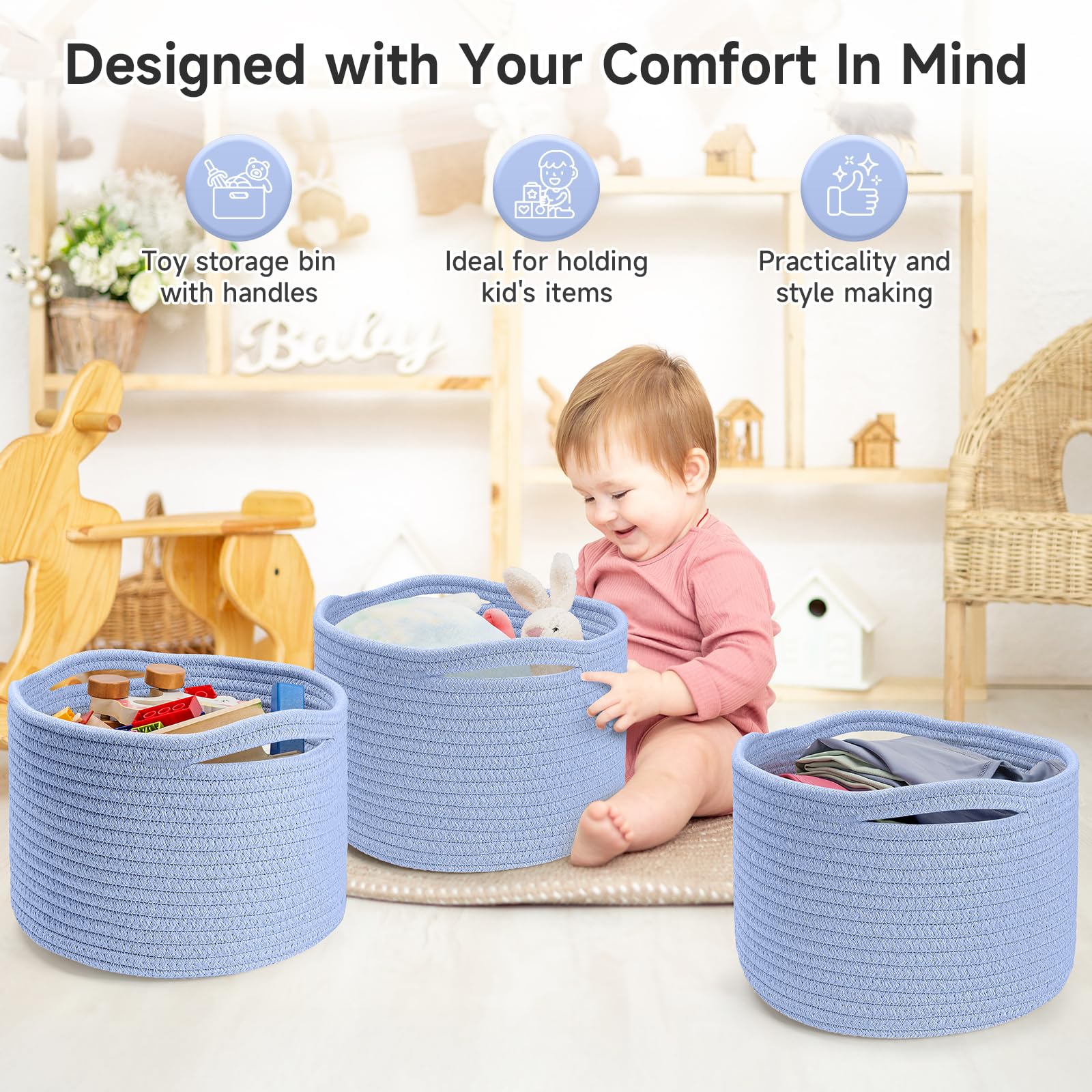 Maxuni small rope basket skyblue stands on shelf for organized living spaces.