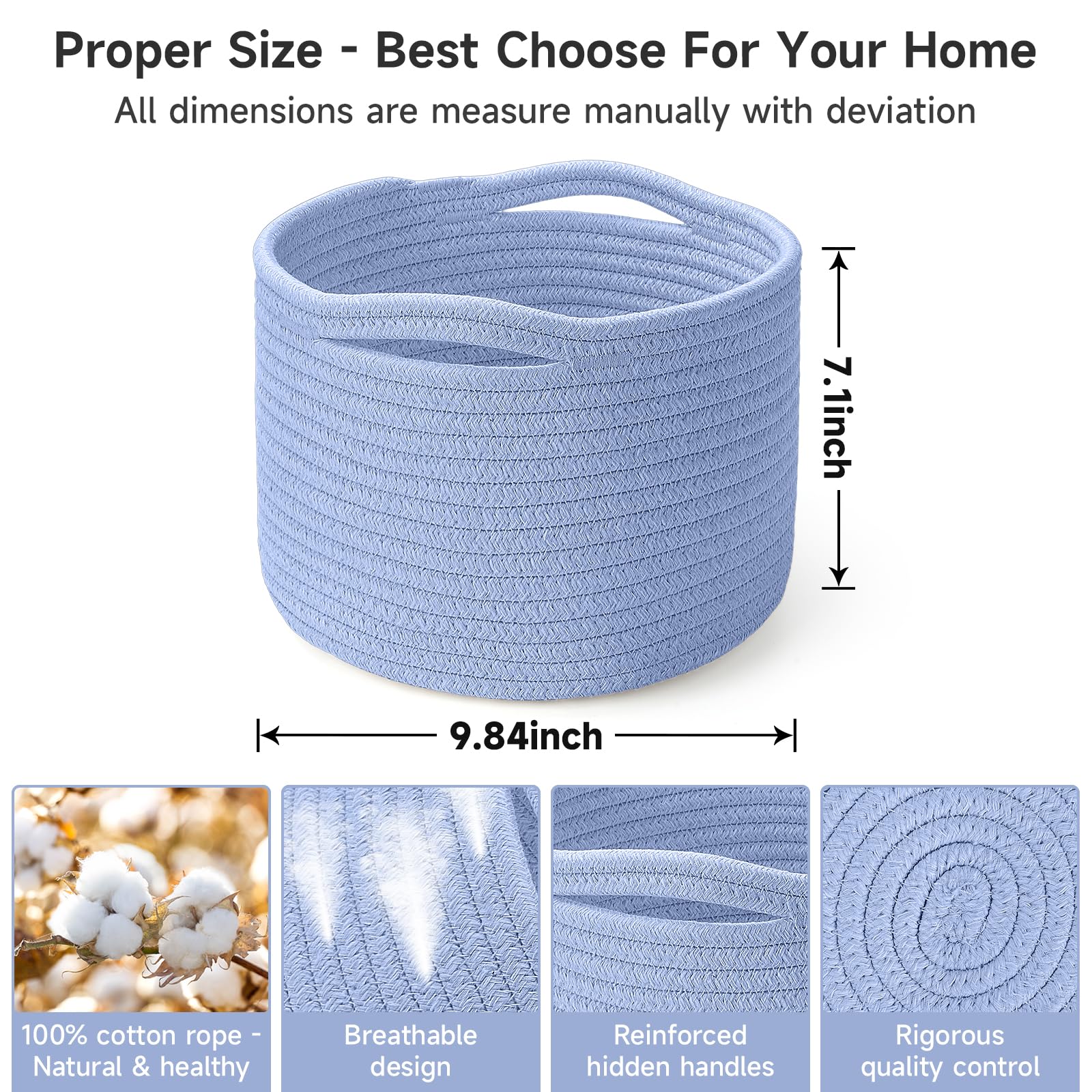 Maxuni small rope basket skyblue weave closeup highlights durable cotton construction.