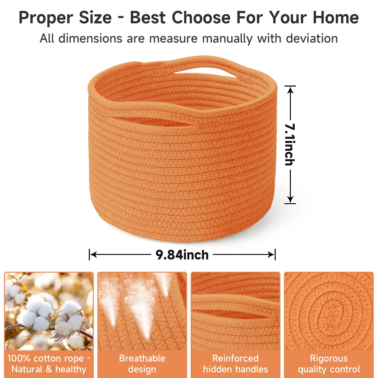 Maxuni small rope baskets orange handles close-up highlights reinforced handles for durability.