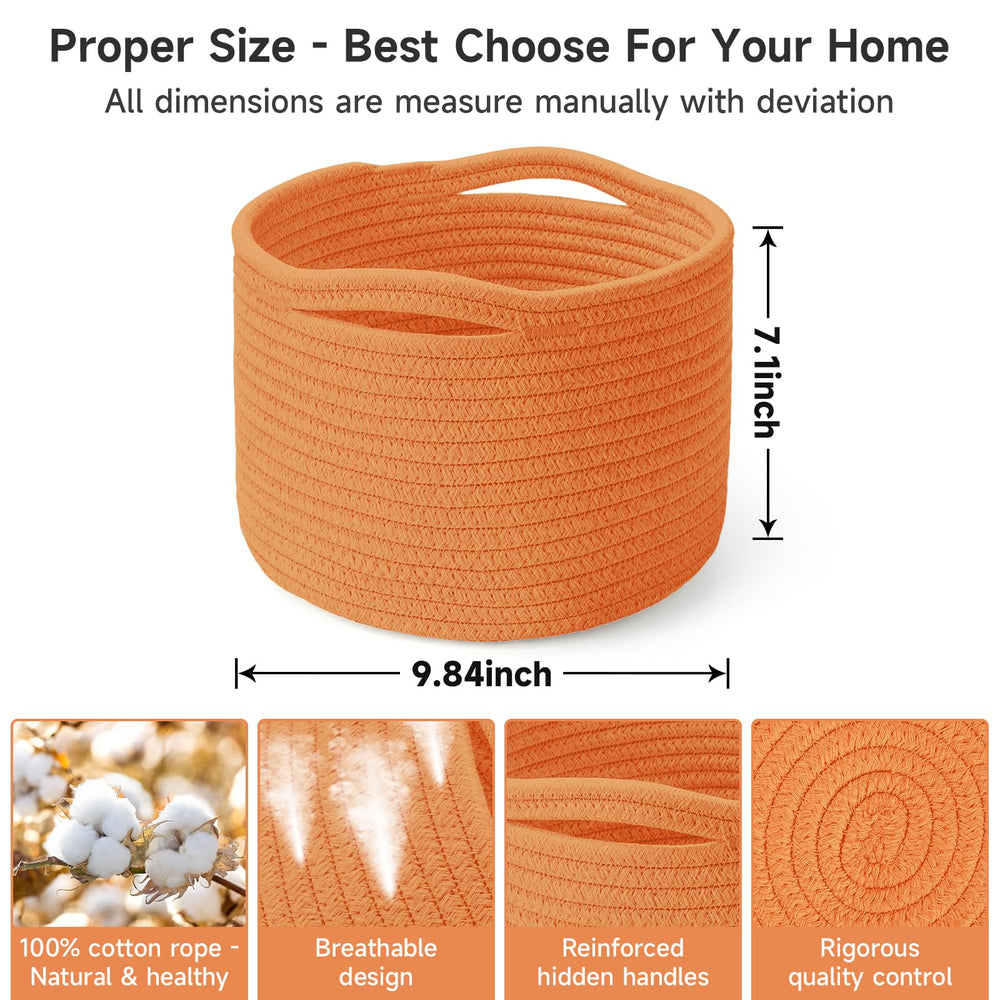 Maxuni small rope baskets orange handles close-up highlights reinforced handles for durability.