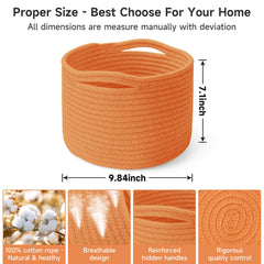 Maxuni small rope baskets orange handles close-up highlights reinforced handles for durability.